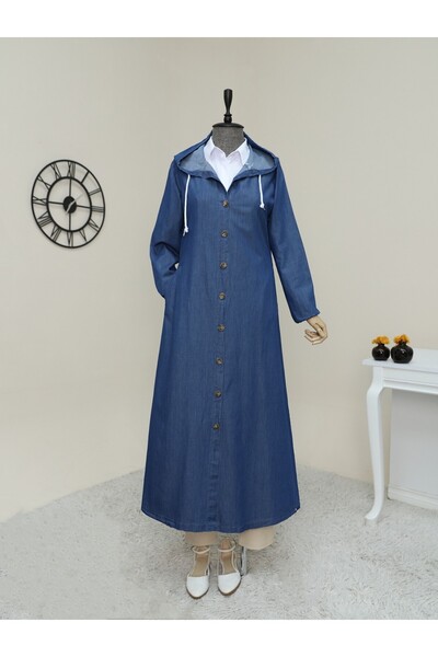 HİJABAYA Boydan Düğmeli Kapşonlu Uzun Kot Kap