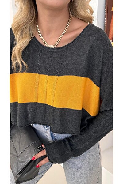 Sezgi Tekin Wide Collar Color Block Gray Knitwear