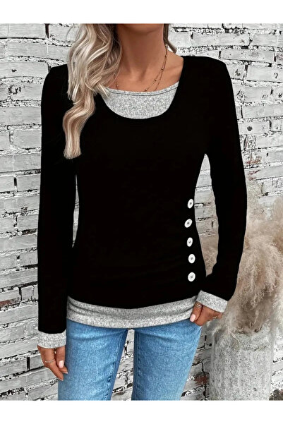 GENCULUS    Women's Long Sleeve Round Neck Colorblock Side Button Viscose Blouse