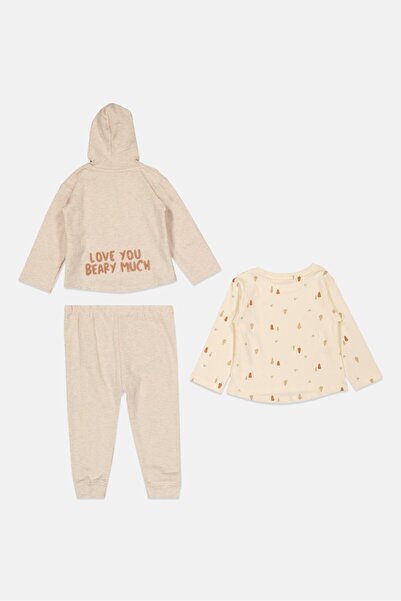 Mother's Promise Toddlers Girl 3Pcs Printed Hooded Sweatshirt, SAweatpant And Top Set, Beige