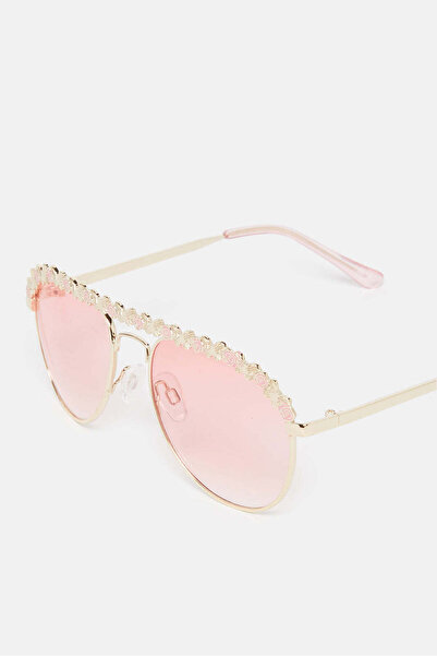 REDTAG Girls Gold And Pink Aviator Embellished Sunglasses