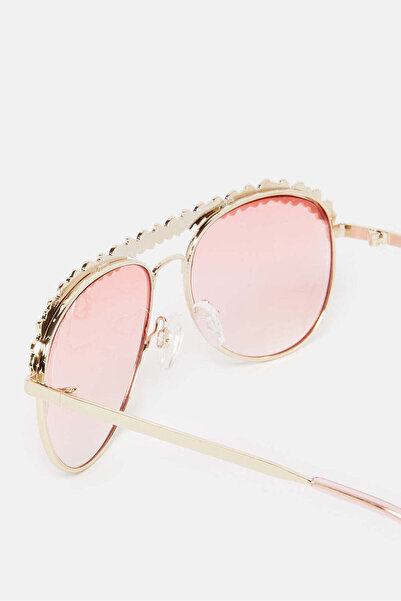 REDTAG Girls Gold And Pink Aviator Embellished Sunglasses