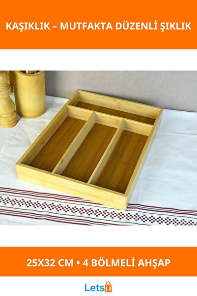 Letsii Wooden 4-Compartment Drawer Cutlery Holder 25X32 cm