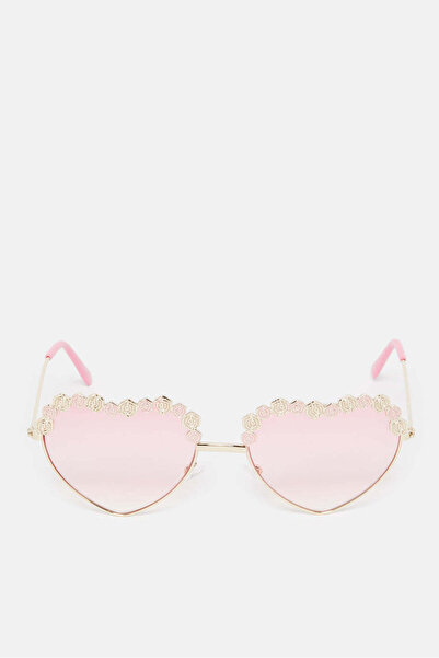 REDTAG Girls Gold And Pink Heart Embellished Sunglasses