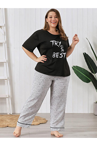 FridayIn Casual Round neck Solid color Printing Bow Pajama
