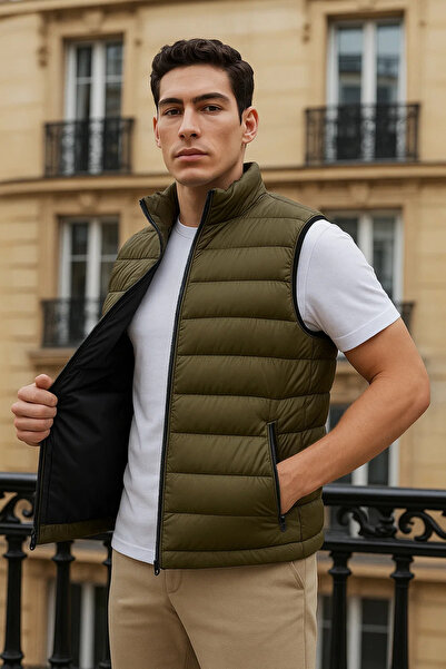 comstar Men's Winter Trendy Zippered Khaki Puffer Vest with Pockets