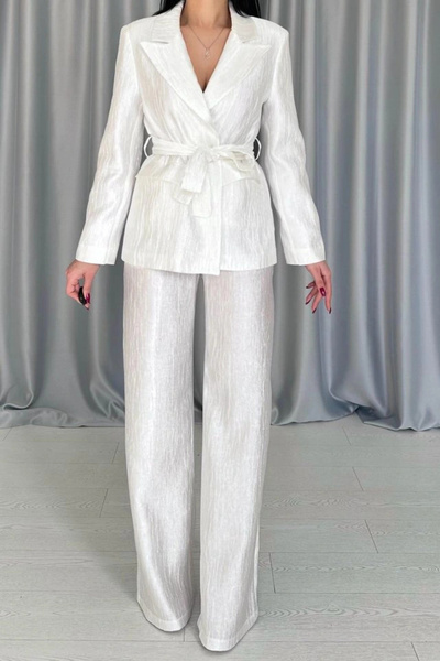 GENCULUS Ecru Belted Waist Jacket and Trousers Shiny Set