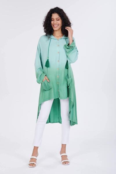 della moor Women's Green Tie-Dye Patterned Hooded Tunic