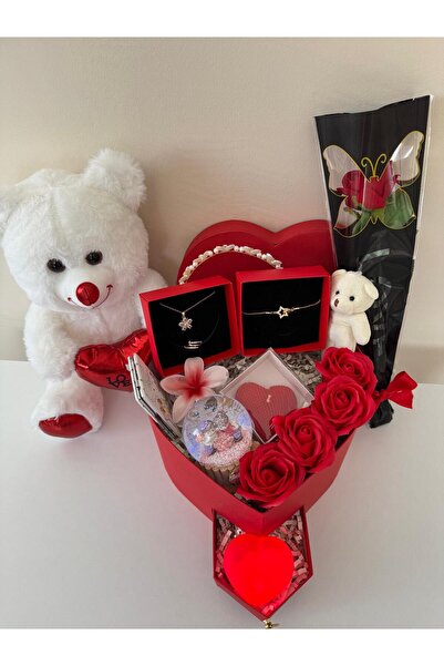 YUELL Sevgiliye Özel Kırmızı Kalpli Hediye Seti Çelik Set Konsept Hediyelik L...