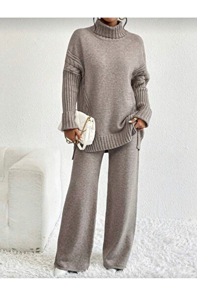 NEWCO Women's Corded Fabric Collar Hair Knit Patterned Side Slit Knitwear Set Anthracite