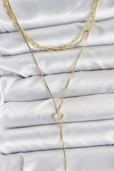 Skygo Brass Gold Color Heart Detailed 3-Piece Combination Y Women's Necklace ...