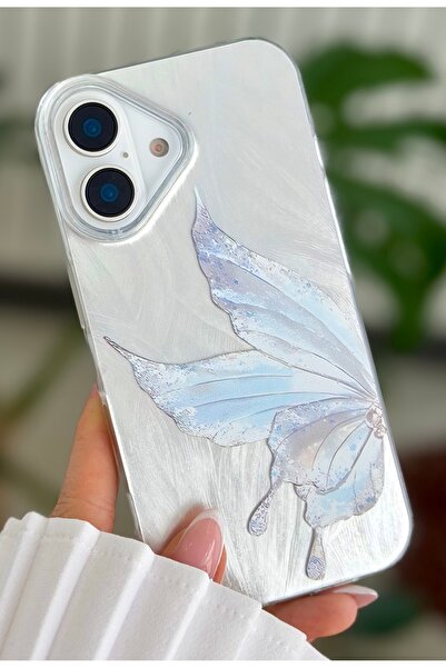 Go Aksesuar iPhone 16 Compatible Shine Platinum Butterfly Design Silicone Case
