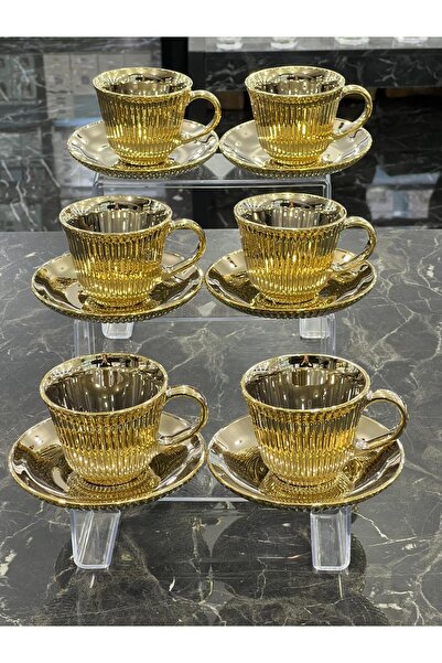 isra kristal Luxury Gold 6-Piece Coffee and Tea Cup Set - Modern Cup Set - Dishwasher Safe