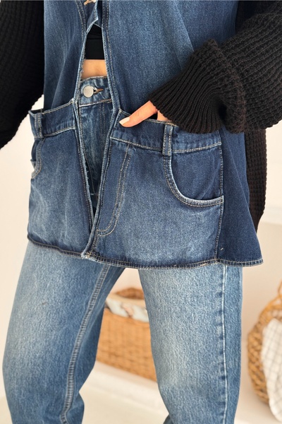 FEMELLE Black Sleeves and Knitwear on the Back Denim Oversized Cardigan with Pockets Standard Size