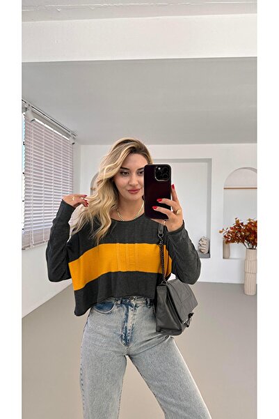 Sezgi Tekin Wide Collar Color Block Gray Knitwear