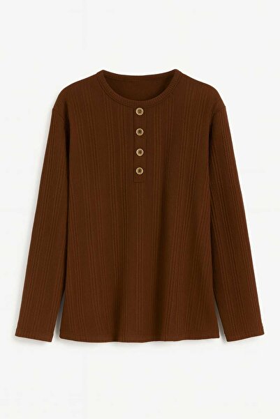 Nacar Moda Women's Stretch Fabric Middle Age and Above Winter Knitwear Brown Mother Combed Cotton Blouse New Season Twist Patterned