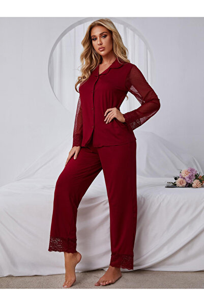 FridayIn Sweet Suit collar Solid color Lace Regular sleeve Pajama