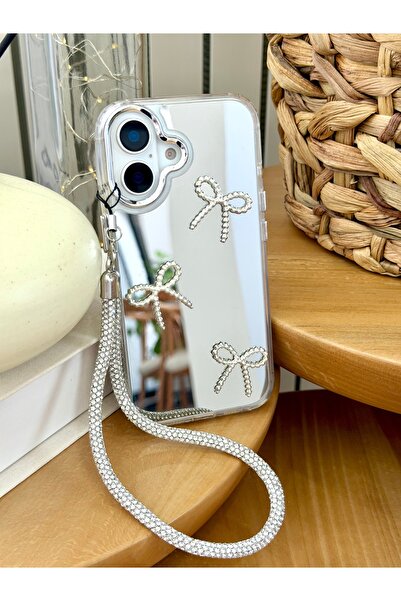 Go Aksesuar iPhone 16 Compatible Mirrored Charm Bow Design Silicone Case