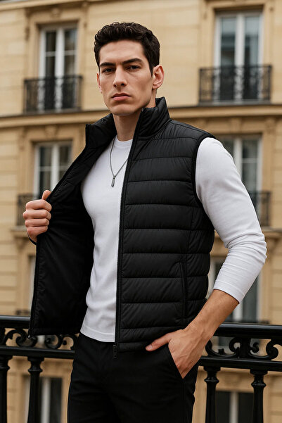 comstar Men's Winter Pocketed Trendy Zippered Black Puffer Vest