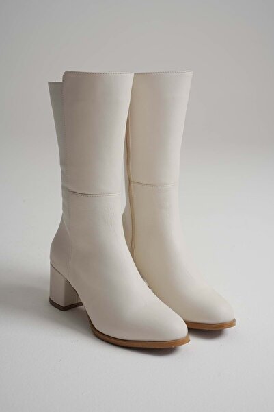 ANALİN SHOES Women's Genuine Leather Stylish Heeled Boots - Cream