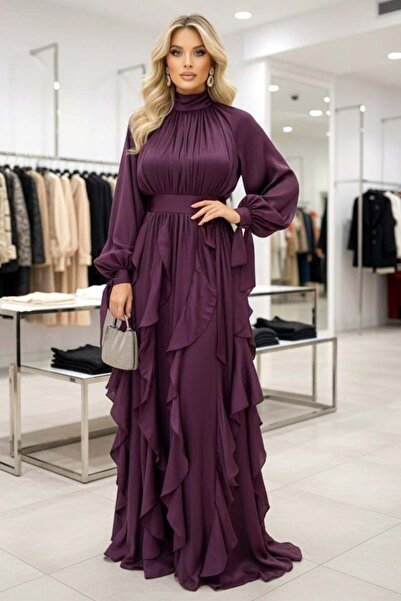FashionForYou Μακρύ φόρεμα Marivelle με βολάν, μέση και κορδόνι, Deep Purple