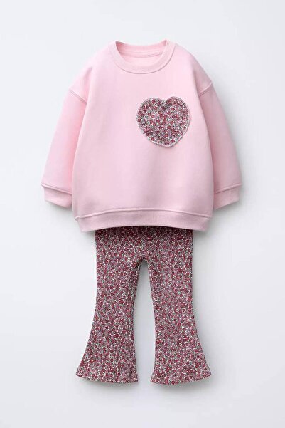 Monila Girl's Heart Applique Detailed 3 Thread Cotton Fabric Bottom Top Set