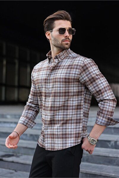 Madmext Camel Buttoned Plaid Patterned Men's Shirt E6768