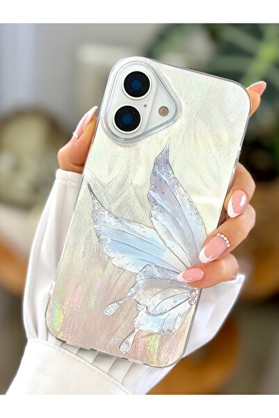 Go Aksesuar iPhone 16 Compatible Shine Platinum Butterfly Design Silicone Case