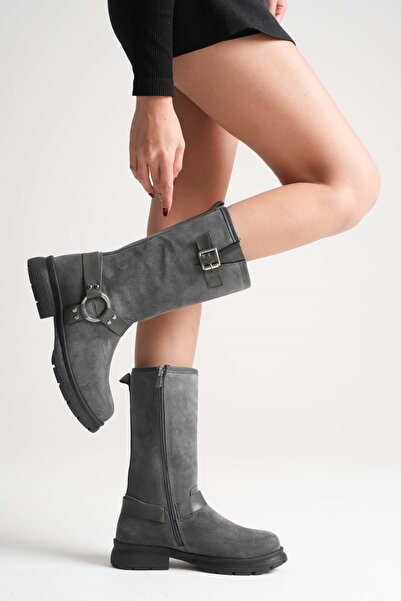 ANALİN SHOES Women's Genuine Leather Riding Boots with Accessory Detail - Gray Suede