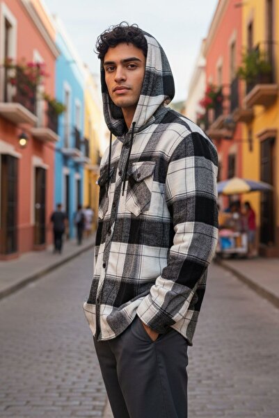 zhrcollection Erkek Slimfit İki Cepli Kapişonlu Siyah-Beyaz Kareli Oduncu Göm...