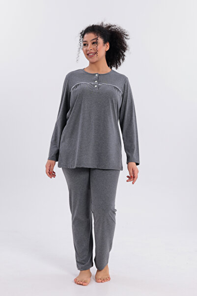 Mio Vero Women's Piped Long Sleeve Cotton Plus Size (Oversize) Pajama Set