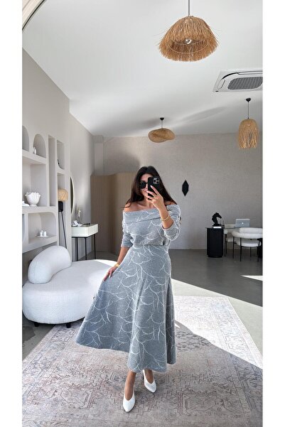 Buket Teke Gray Self-Patterned Knit Fabric Skirt Madonna Blouse Set