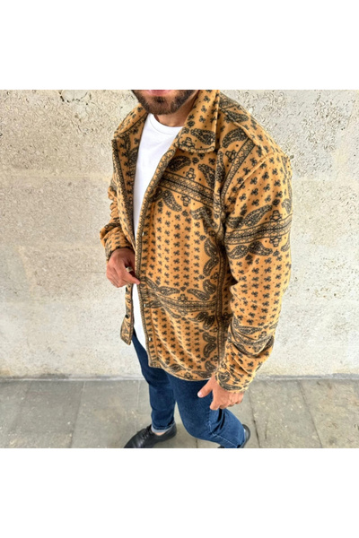 GENCULUS Men's Patterned Buttoned Fleece Shirt – Mustard Paisley Pattern Collar, Long Sleeves, Oversized Comfortable Fit