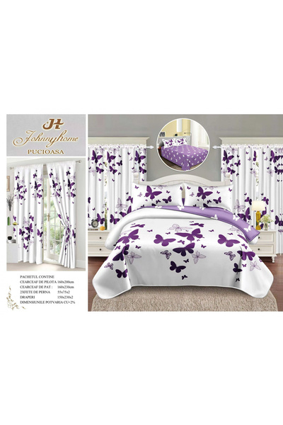 FIONNA.RO Fine Cotton Bedding and Curtain Set 1 Person - Purple Butterflies