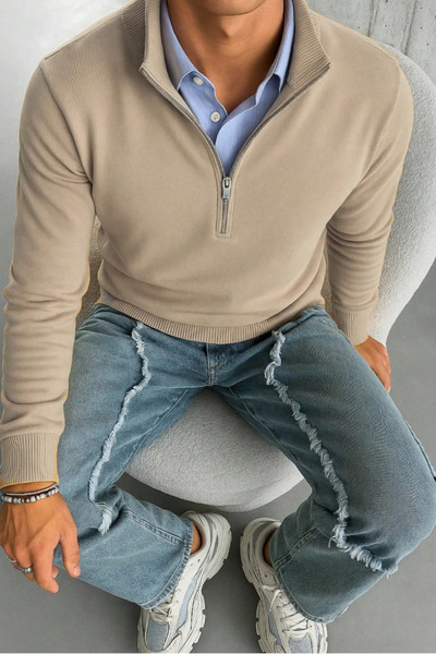 Tarz Cool Men's Beige Regular Fit Half Zip Collar Knit Sweater