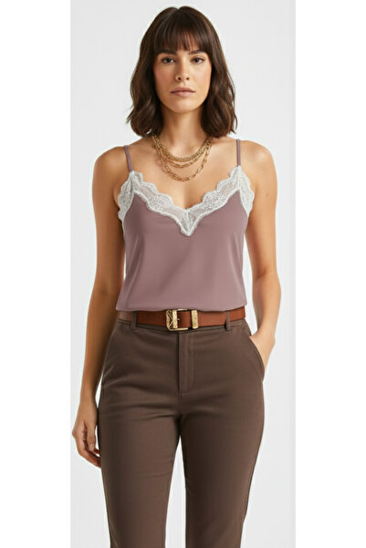 peralist Women's Purple Lace Detailed Sandy Blouse with Adjustable Ring Straps