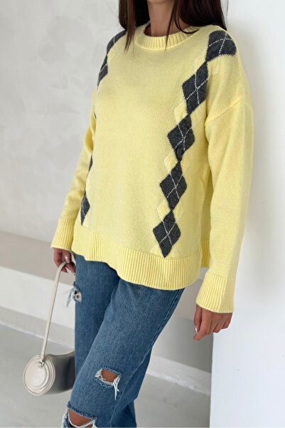 Noi Belis Crew Neck Diamond Pattern Knit Sweater Aw25Kz0079
