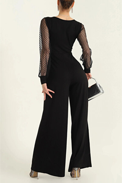 GENCULUS Women's Deep V Neck Sleeves Polka Dot Tulle Detail Flared Leg Jumpsuit