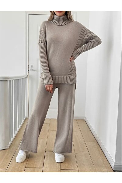 NEWCO Women's Corded Fabric Collar Hair Knit Patterned Side Slit Knitwear Set Anthracite