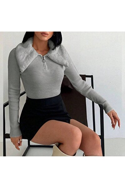 TRENDLİA سترة نسائية محبوكة بأكمام طويلة وتفاصيل ياقة من الفرو وسحاب