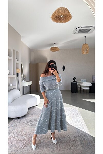 Buket Teke Gray Self-Patterned Knit Fabric Skirt Madonna Blouse Set