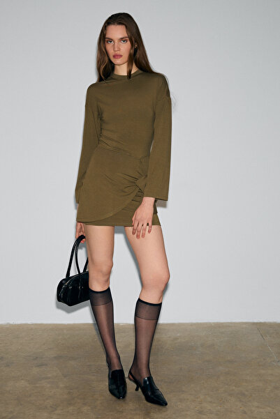 GRIMELANGE Sevley women's soft and flexible fabric round neck tie detailed mini khaki dress