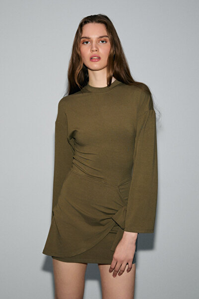 GRIMELANGE Sevley women's soft and flexible fabric round neck tie detailed mini khaki dress