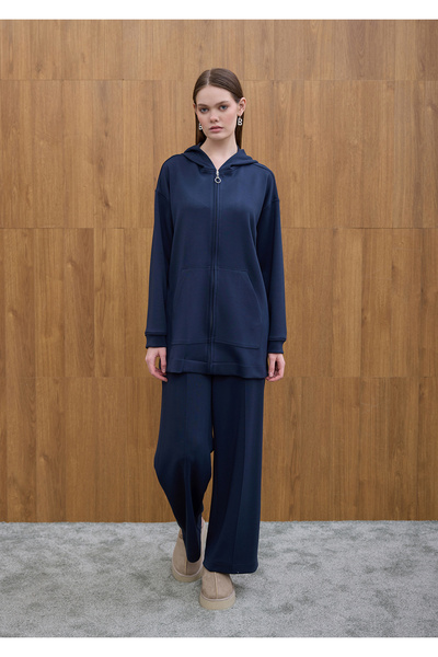 Birgül Bektaş Navy Blue Cozy Hooded Detailed Cardigan