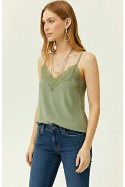 peralist Women's Khaki Lace Detailed Sandy Blouse with Adjustable Ring Straps