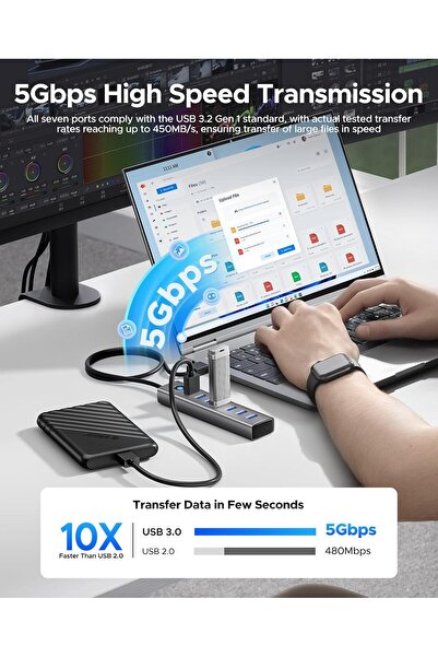 Orico 7-Port USB 3.0 Hub Aluminium Multiport Adapter with 100 cm Cable & Type-C Power