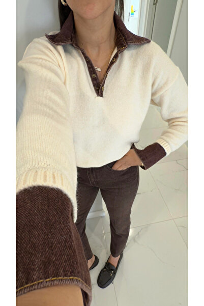 My Blog Ecru-Brown Collar Denim Detailed Sweater - 251099