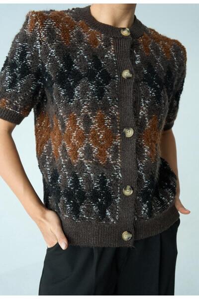 Serpirella Butik Retro Baklava Pattern Short Sleeve Cardigan