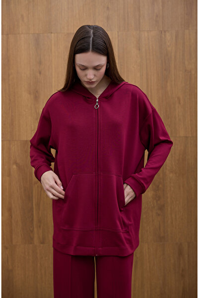 Birgül Bektaş Bordo Cozy Hooded Detailed Cardigan