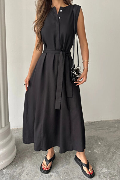 GENCULUS Linen Dress Sleeveless with Waist Tie Axi Dress Black